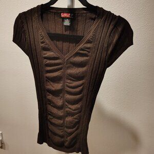 Say What? Junior's Short Sleeve V-Neck Sweater Size XL Brown